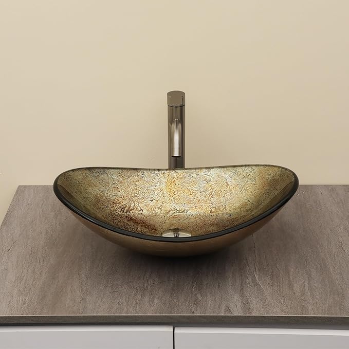 Logmey 21" Glass Bathroom Vessel Sink Vanity Countertop Oval Bowl with Chrome Pop up Drain Set,Glass Art Basin,Blood Plasma Silver Foil
