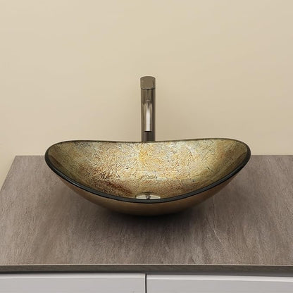 Logmey 21" Glass Bathroom Vessel Sink Vanity Countertop Oval Bowl with Chrome Pop up Drain Set,Glass Art Basin,Blood Plasma Silver Foil