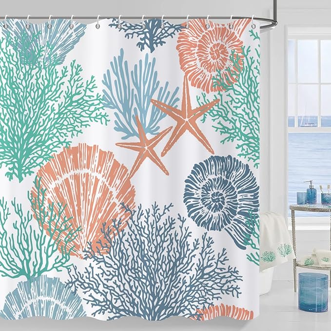 Nautical Coastal Shower Curtain, Green Navy Blue Orange Ocean Beach Seashell Starfish Themed Bathroom Curtain Waterproof Fabric Machine Washable with Hooks, 72" Wx84 L