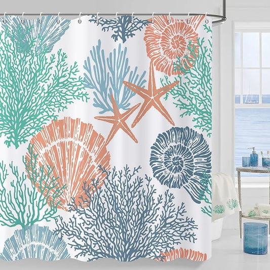 Nautical Coastal Shower Curtain, Green Navy Blue Orange Ocean Beach Seashell Starfish Themed Bathroom Curtain Waterproof Fabric Machine Washable with Hooks, 72" Wx84 L