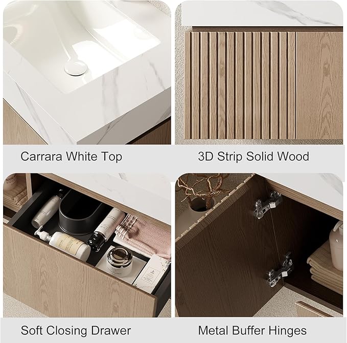 Ambrovina 30" Floating Bathroom Vanity with Sink, Plywood Storage Bathroom Vanities with Drawer and Door, Carrara White Sintered Stone Top and Ceramic Basin, Pre-Assembled Cabinet, Light Brown