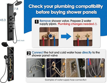 ROVOGO Shower Panel Tower System, 4-Function (Rain Shower, Handheld Sprayer, Body Jets, Tub Spout) with Simultaneous Use Option, Stainless Steel Shower Column with Adjustable Head, Black