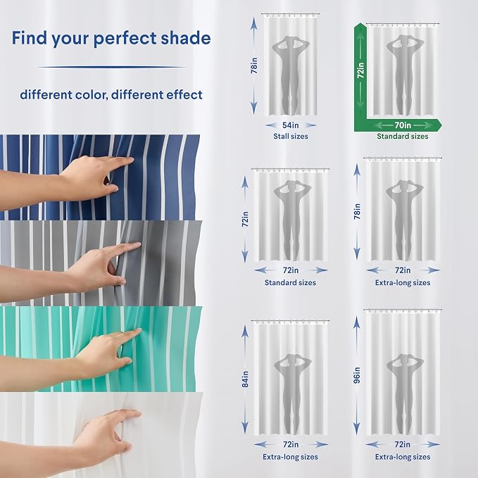 Clorox Shower Curtain Liner, Premium Striped Medium-Weight Durable Waterproof 6g PEVA for Bathroom with Weighted Magnets, Printed Standard Size 72" x 72", Aqua