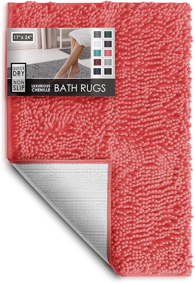 Hearth & Harbor Bathroom Rugs, Chenille Bath Mat - Machine Washable Bath Mats for Bathroom Non-Slip Backing Rubber, Quick Dry Bathroom Mat - Rose Bath Rug, 17x24