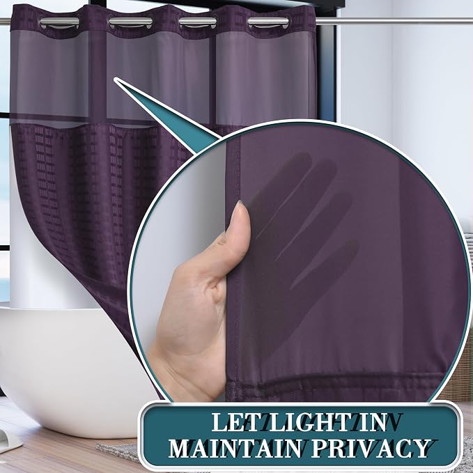 Conbo Mio Extra Long No Hook Shower Curtain with Snap in Liner Set, Hotel Luxury Purple Shower Curtains for Bathroom with See Through Top Window, Waterproof, Washable 71W x 84H