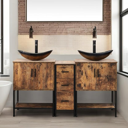 UEV Rustic Brown 60" Double Bathroom Vanity with Sink Combo,Industrial Iron Frame 2 Main Bathroom Vanity with Middle 3 Drawers Cabinet,Modern Champagne Boat Tempered Glass Vessel Sink(029CH)