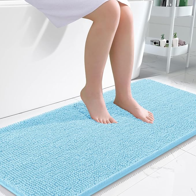 OLANLY Bathroom Runner Rugs 45x27, Extra Soft Absorbent Chenille Bath Rugs | Sky Blue, Quick-Drying Rubber Backing, Washable Long Bath Mat for Bathroom Floor, Tub and Shower, Home Decor Accessories