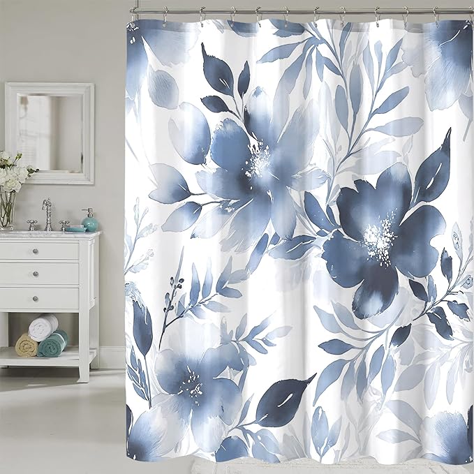 Floral Shower Curtain, Blue Watercolor Flower Shower Curtains for Bathroom, Modern Minimalist Waterproof Fabric Bath Decoration 72x84 Inch
