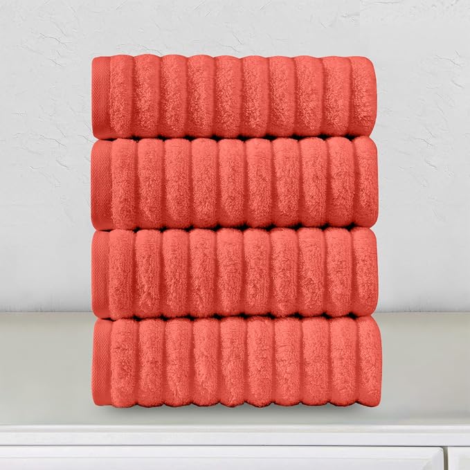 Elegant Comfort Luxury 100% Turkish Cotton Corduroy Ribbed 4 Pack Hand Towel Set 16 x 28 Inch - Absorbent, Super Soft, Quick Dry, Premium Towels for Bathroom, Gym, Spa and Hotel Use, Coral