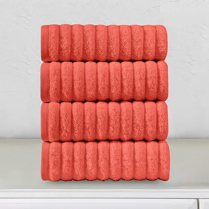 Elegant Comfort Luxury 100% Turkish Cotton Corduroy Ribbed 4 Pack Hand Towel Set 16 x 28 Inch - Absorbent, Super Soft, Quick Dry, Premium Towels for Bathroom, Gym, Spa and Hotel Use, Coral