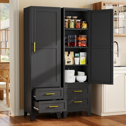 Tall Metal Narrow Storage Cabinet 67" H with 2 Drawer, Black Pantry Cabinets with 3 Adjustable Shelves and Door,Tall Bathroom Cabinet for Kitchen, Home Office, Living Room, Dining Room