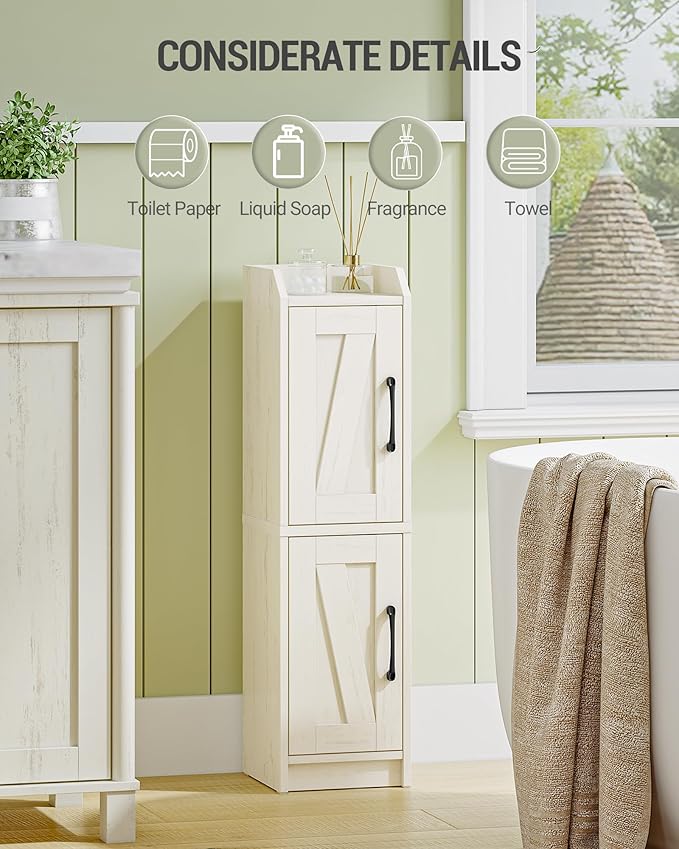 Bathroom Storage Cabinet, Small Corner Floor Cabinet with Door and Shelves, Narrow Bathroom Organizer and Paper Storage with Adjustable Shelves, for Small Spaces, Rustic White BC27014X