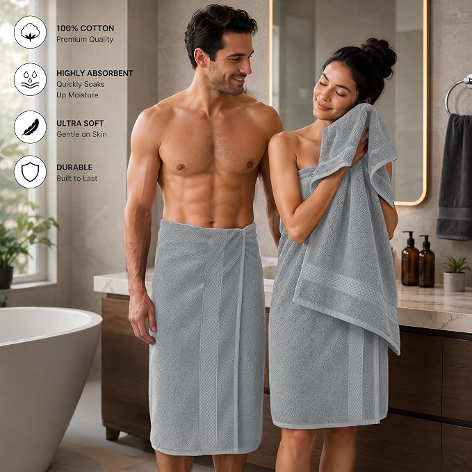 DAN RIVER 600 GSM Cotton Large Bath Towels Set of 4, 27 x 54 Inches, Silver | Larger & Lighter Weight Towels for Bathroom - Highly Absorbent & Quick Dry 100% Cotton Bath Towel Set for Home, Spa & Hotel