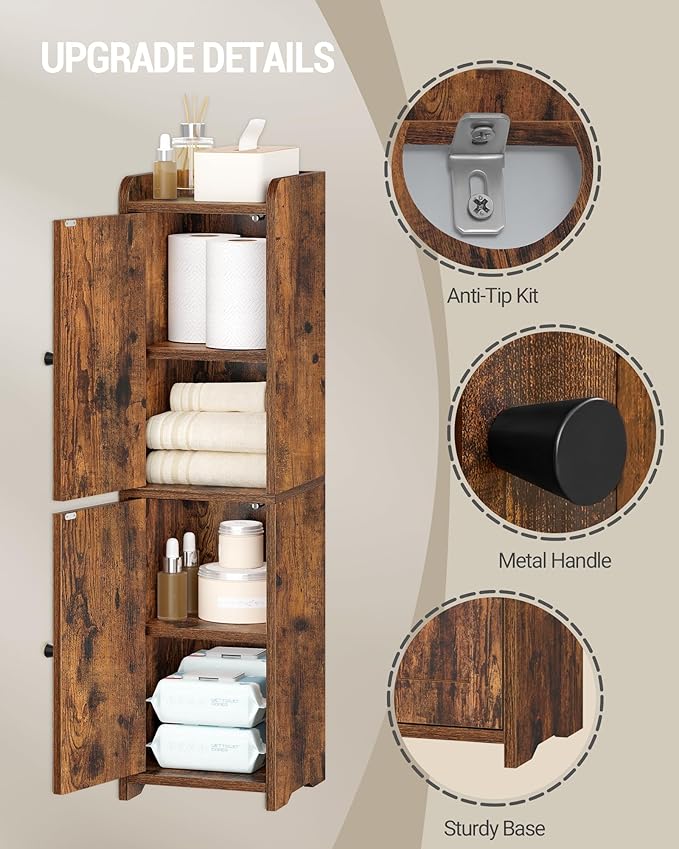 Hzuaneri Bathroom Storage Cabinet, Small Corner Floor Cabinet with 2 Doors | Narrow Toilet Paper Cabinets with Adjustable Shelf, Bathroom Organizer for Small Spaces, 7.9"D x 7.9"W x 29.5"H Rustic Brown