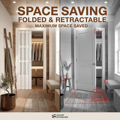 SMARTSTANDARD 36"x 80" Accordion Door with Grid Frosted Acrylic Glass,White | Double Walled PVC Folding Accordion Closet Door for Bedroom Bathroom, Save Space, Full-Side Magnetic Strip, Easy to Install