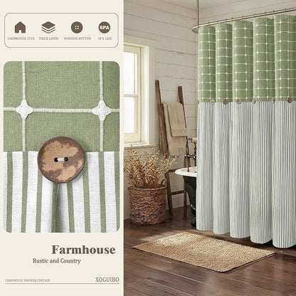 Farmhouse Shower Curtain Button Plaid-Green-Green Stripe 72"W x 72"L | Farmhouse Style, Chic Button, Striped, Linen Fabric, Rustic, Country, Natural Look, Washable, for Bathroom Bathtub