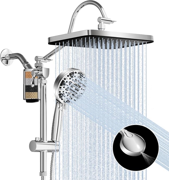 12" Filtered Shower Head with Handheld Rain Shower Head with Filters | Shower Filter Head for Hard Water,High Pressure,Dual Rainfall Shower Heads with Adjustable Extension Arm & Slide Bar,Black
