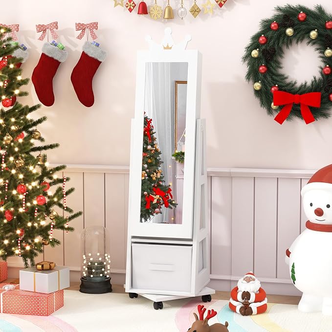 CHARMAID 360° Swivel Kids Jewelry Cabinet, 48" Standing Jewelry Organizer with Full Length Mirror, Storage Drawer, Kids Vanity Dressing Mirror, Jewelry Armoire with Lockable Wheels for Girls (White)