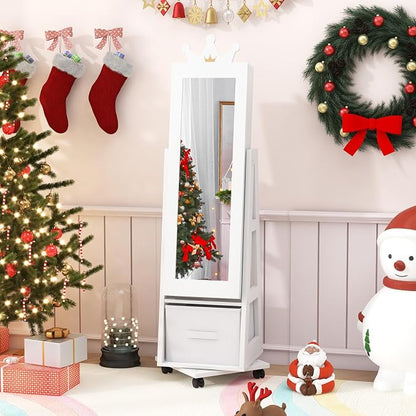 CHARMAID 360° Swivel Kids Jewelry Cabinet, 48" Standing Jewelry Organizer with Full Length Mirror, Storage Drawer, Kids Vanity Dressing Mirror, Jewelry Armoire with Lockable Wheels for Girls (White)