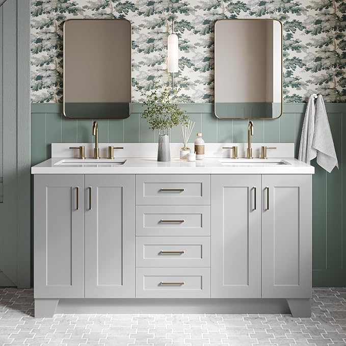 Emilia 66-Inch Grey Double Bathroom Vanity, Pure White Quartz 1.5" Countertop & 4" Backsplash, Rectangular Undermount Sinks, 4 Soft Closing Doors, 6 Dovetail Drawers, Toe Kick, Satin Brass