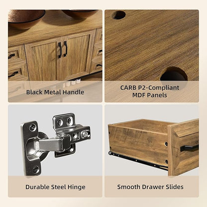 VNN 48 Inch Bathroom Vanity with Sink - Double Sink Bathroom Vanity, Freestanding Cabinet with Open Shelves and 6 Storage Drawers, Modern Iron Wood Cabinet with Countertop Tempered Glass Vessel, Oak