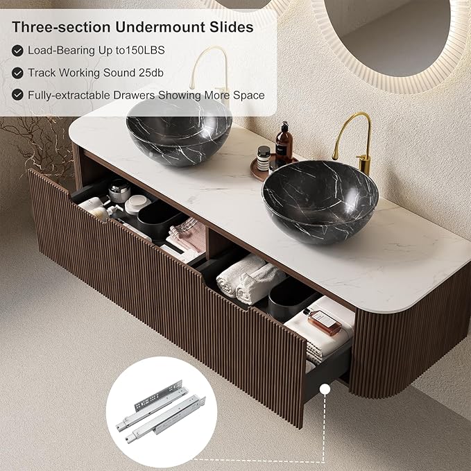60" Floating Bathroom Vanity with Sink, Wall-Mount Cabinet with 2 Large Storage Drawer, 2 Black Bowl Ceramic Basins and Marble Top, Soft-Close Design, Dark Walnut