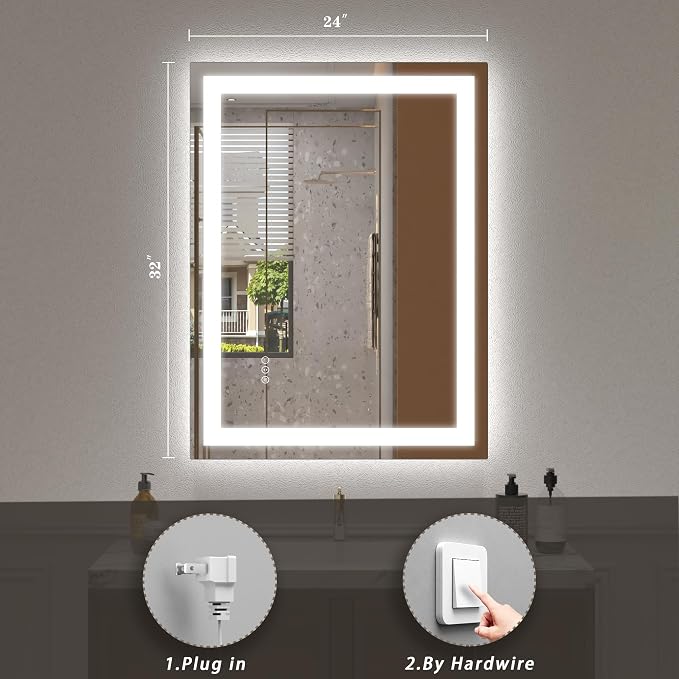 24x32 LED Lighted Bathroom Mirror for Vanity Wall | Front Light and Backlit, Anti-Fog, Memory, 3 Color, Tempered Glass, Dimmable, Rectangular, UL, Horizontal/ Vertical Mounted