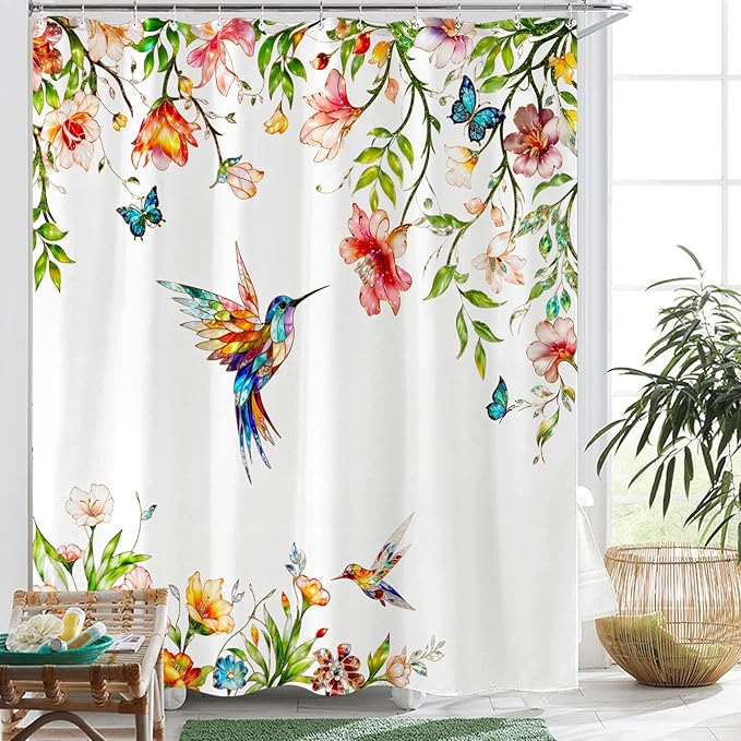 Fowocu Floral Bird Bathroom Shower Curtain Colorful Stained Glass Flower Hummingbird Butterfly Shower Curtains Watercolor Plant Leaf Waterproof Fabric Bath Curtain Decor 72x72 inch