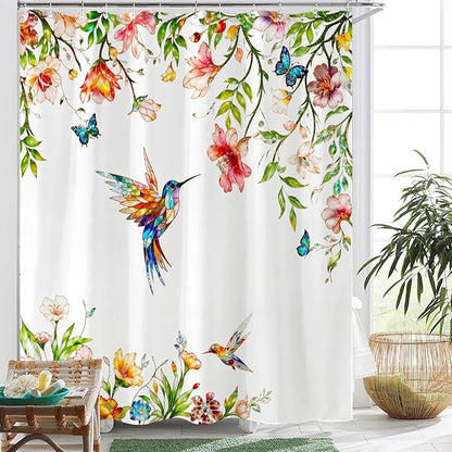 Fowocu Floral Bird Bathroom Shower Curtain Colorful Stained Glass Flower Hummingbird Butterfly Shower Curtains Watercolor Plant Leaf Waterproof Fabric Bath Curtain Decor 72x72 inch