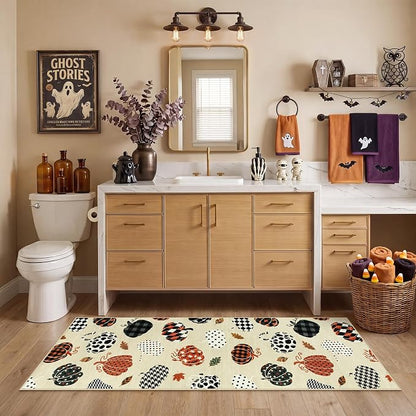 2x6 Beige Halloween Fall Pumpkin Print Hallway Runner Rug for Kitchen | Washable Non-Slip Low-Pile Autumn Thanksgiving Rug for Hallway, Entryway, Bedroom, Bathroom, Halloween Home Decor Indoor Rug