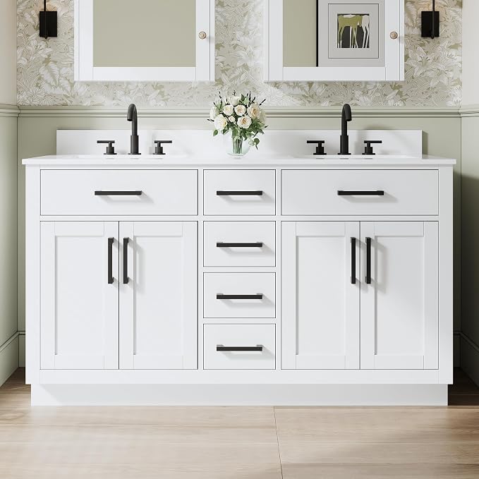 60-Inch Bathroom Vanity with Double Sinks W/ 4 Doors & 4 Drawers & 2 Flip Drawers, White Vanity W/Matte Black Handles