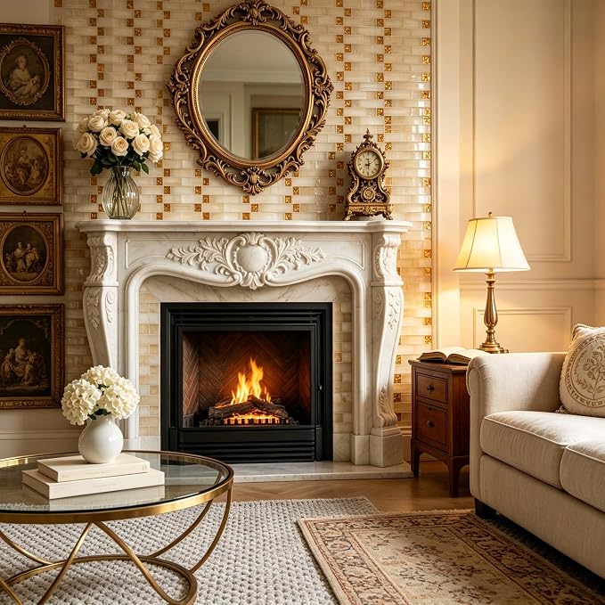 Glass Mosaic Tile Beige Gold for Kitchen Backsplash Bath Wall Decor 5 Sq Ft | Glossy Surface Shine, 3D Arched Interlocking, Indoor Walls, Bathroom Shower, Fireplace Surrounds and Modern Interiors Spaces