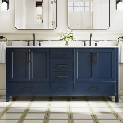 72-Inch Bathroom Vanity with Sink, 4 Soft-Close Doors and 6 Soft-Close Drawers, Bathroom Freestanding Vanity with Cultured Marble Countertop, Navy Blue Vanity with Matte Black Handles