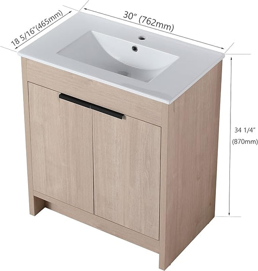 SSLine 30-Inch Bathroom Vanity with Sink Mid-Century Bathroom Vanities with Top Basin Floor Wood Bathroom Sink Cabinet with Soft-Close Doors & Adjustable Storage Shelves (Light Oak)