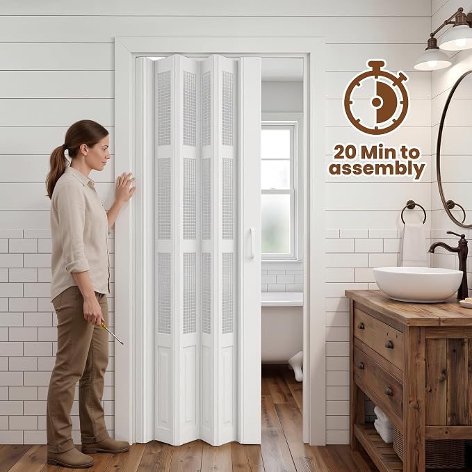 SMARTSTANDARD 36"x 80" Accordion Door with Grid Frosted Acrylic Glass,White | Double Walled PVC Folding Accordion Closet Door for Bedroom Bathroom, Save Space, Full-Side Magnetic Strip, Easy to Install