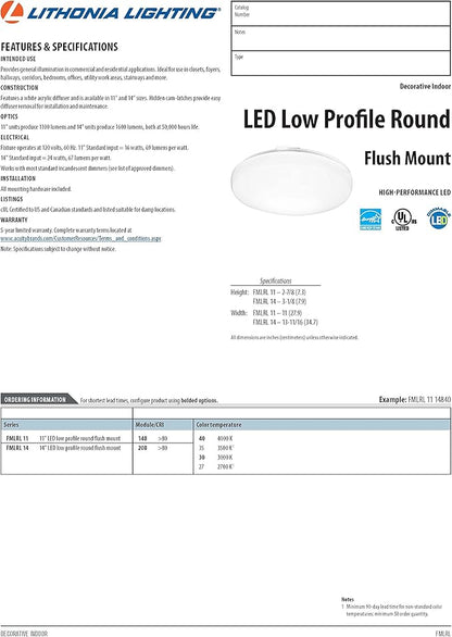 Lithonia Lighting FMLRL 14 20830 M4 Contractor Select 14-Inch 3000K LED Low Profile Round Flush Mount