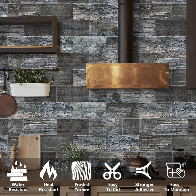 URCOLOR 32-Piece Peel and Stick Backsplash Wall Tile, 4"x 8" PVC Distressed Rustic Gray Blue Wood Stick on Tiles for Kitchen, Bathroom, Laundry Room, Camper, Fireplace