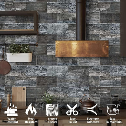 URCOLOR 32-Piece Peel and Stick Backsplash Wall Tile, 4"x 8" PVC Distressed Rustic Gray Blue Wood Stick on Tiles for Kitchen, Bathroom, Laundry Room, Camper, Fireplace