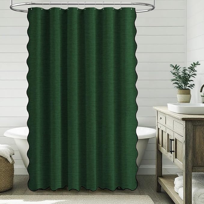 BTTN Extra Long Scalloped Linen Textured Shower Curtain Set, 72x96, Emerald | Extra Tall Size, 230GSM Waterproof Polyester, Heavy Duty Fabric, 12 Plastic Hooks, Boho Farmhouse Style, Machine Washable
