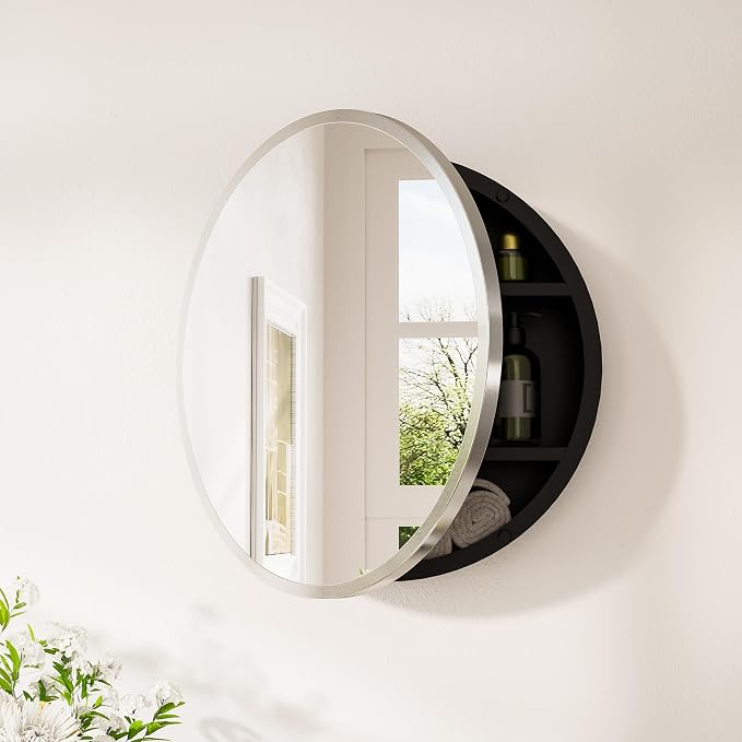 Keonjinn 20 Inch Round Medicine Cabinet with Mirror, Brushed Nickel Surface Mount Medicine Cabinet for Bathroom, Framed Circular Bathroom Cabinet Wall Mounted, Round Vanity Mirror with Storage | Surface Mount, Brushed Nickel Medicine Cabinets Mirror, S...