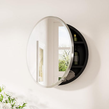 Keonjinn 20 Inch Round Medicine Cabinet with Mirror, Brushed Nickel Surface Mount Medicine Cabinet for Bathroom, Framed Circular Bathroom Cabinet Wall Mounted, Round Vanity Mirror with Storage | Surface Mount, Brushed Nickel Medicine Cabinets Mirror, S...