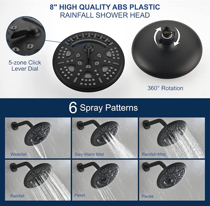 SHAMANDA Luxury Tub Shower Faucet Set with Round-in Valve, Wall Mounted Shower System with Waterfall Tub Spout and 6-Setting Rain Shower Head with 9-Setting Handheld, Matte Black, L8083-7