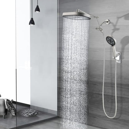 PDPBath 14 Inch Rain Shower Head with 5+1 Settings Handheld Spray Combo, High Pressure Rainfall Shower Head with 16'' Adjustable Extension Arm, 79" Extra Long Hose, 3-Way Diverter, Brushed Nickel