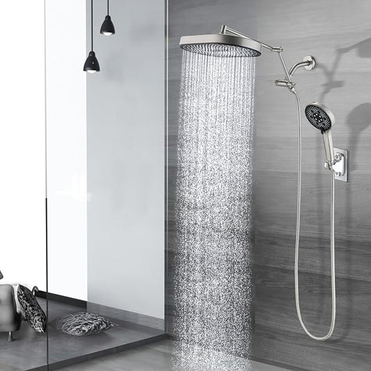 PDPBath 14 Inch Rain Shower Head with 5+1 Settings Handheld Spray Combo, High Pressure Rainfall Shower Head with 16'' Adjustable Extension Arm, 79" Extra Long Hose, 3-Way Diverter, Brushed Nickel
