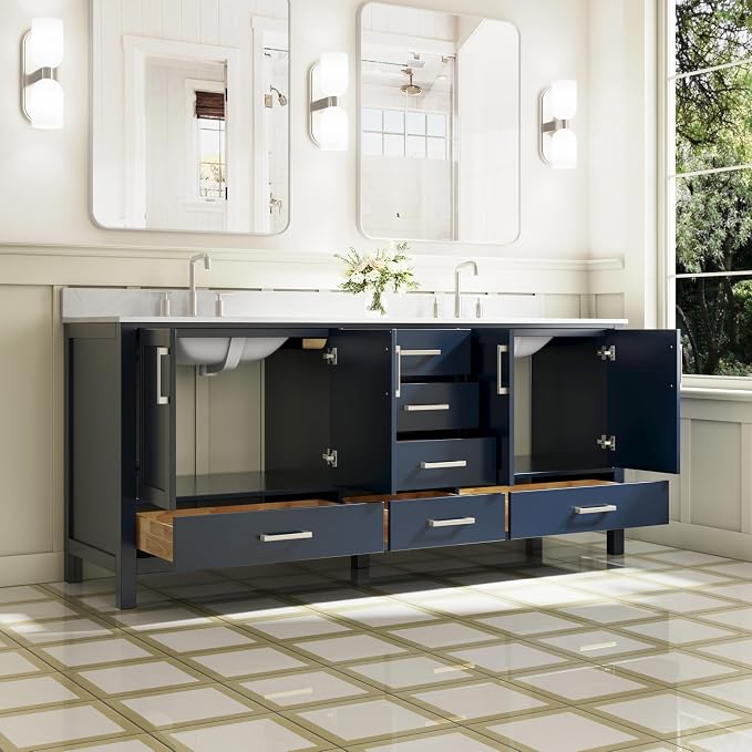 80-Inch Bathroom Vanity with Sink, 4 Soft-Close Doors and 6 Soft-Close Drawers, Bathroom Freestanding Vanity with Cultured Marble Countertop, Navy Blue Vanity with Brushed Nickel Handles