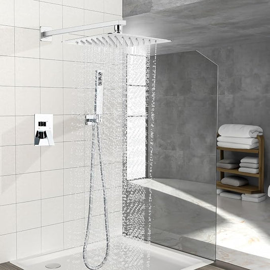 10 Inch Shower Faucet Set,Silver Shower System With Handheld | High Pressure Head with Shower Trim Kit & Handheld Shower Valve,Multi-function Rainfall,Rain Shower & Handheld Spray Combo
