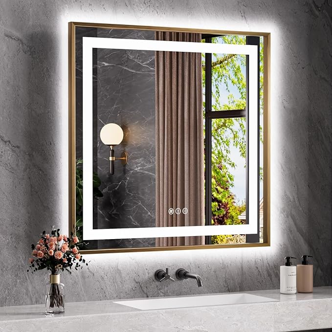 36"X36" LED Bathroom Mirror with Front Lit and Backlit(Brushed Gold) | Metal Framed Mirror, Stepless Dimmable, Anti-Fog, HD Reflection, Shatter-Proof, Memory, 3 Colors, Double LED Vanity Mirror.