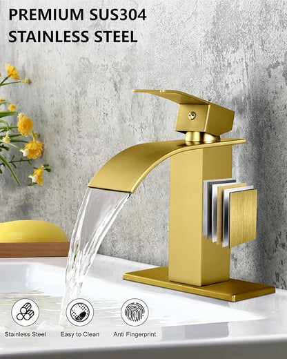 Midanya Waterfall Spout Bathroom Faucet Single Handle 1 Hole Bathroom Sink Faucet,Modern RV Lavatory Vanity Basin Tap with Water Hose,No Drain,Short Body,Brushed Gold