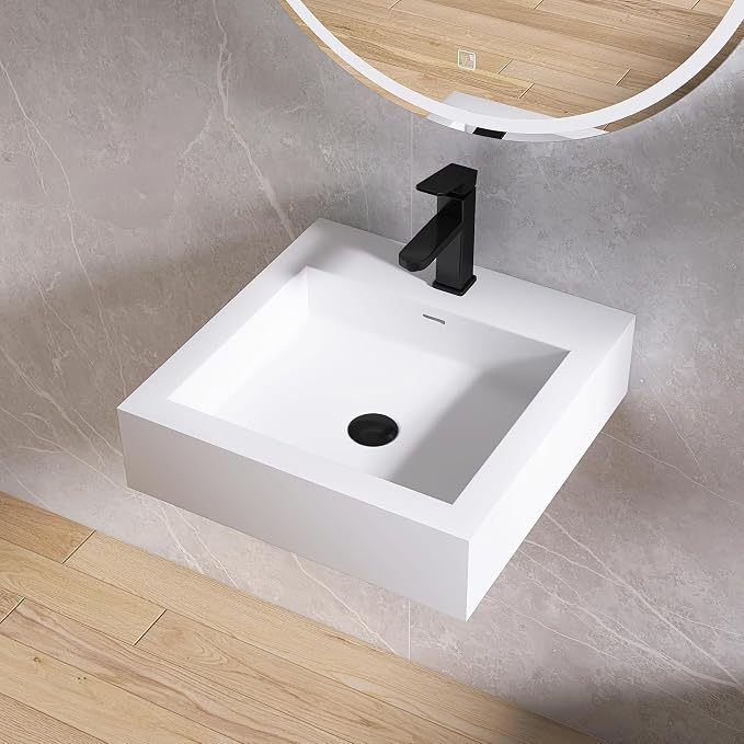 Small Vessel Sink, Stone Resin 19" x 19" Wall Mount Bathroom Sink | Floating Sinks with Overflow, Square Solid Surface Floating Vessel Sinks, White