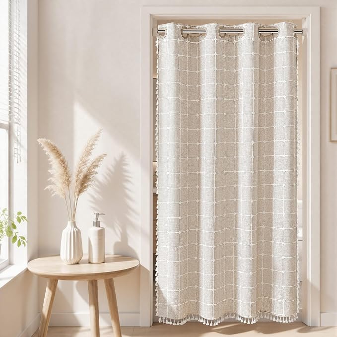 RiverDream Farmhouse No Hooks Shower Curtain with Snap-in Liner,Linen,54x80 | Snap on Fabric Liner,Heavy Duty,Quick Dry,With Bottom Magnets,Washable,with Tassels, Rustic Boho Farmhouse,Stall Long Size
